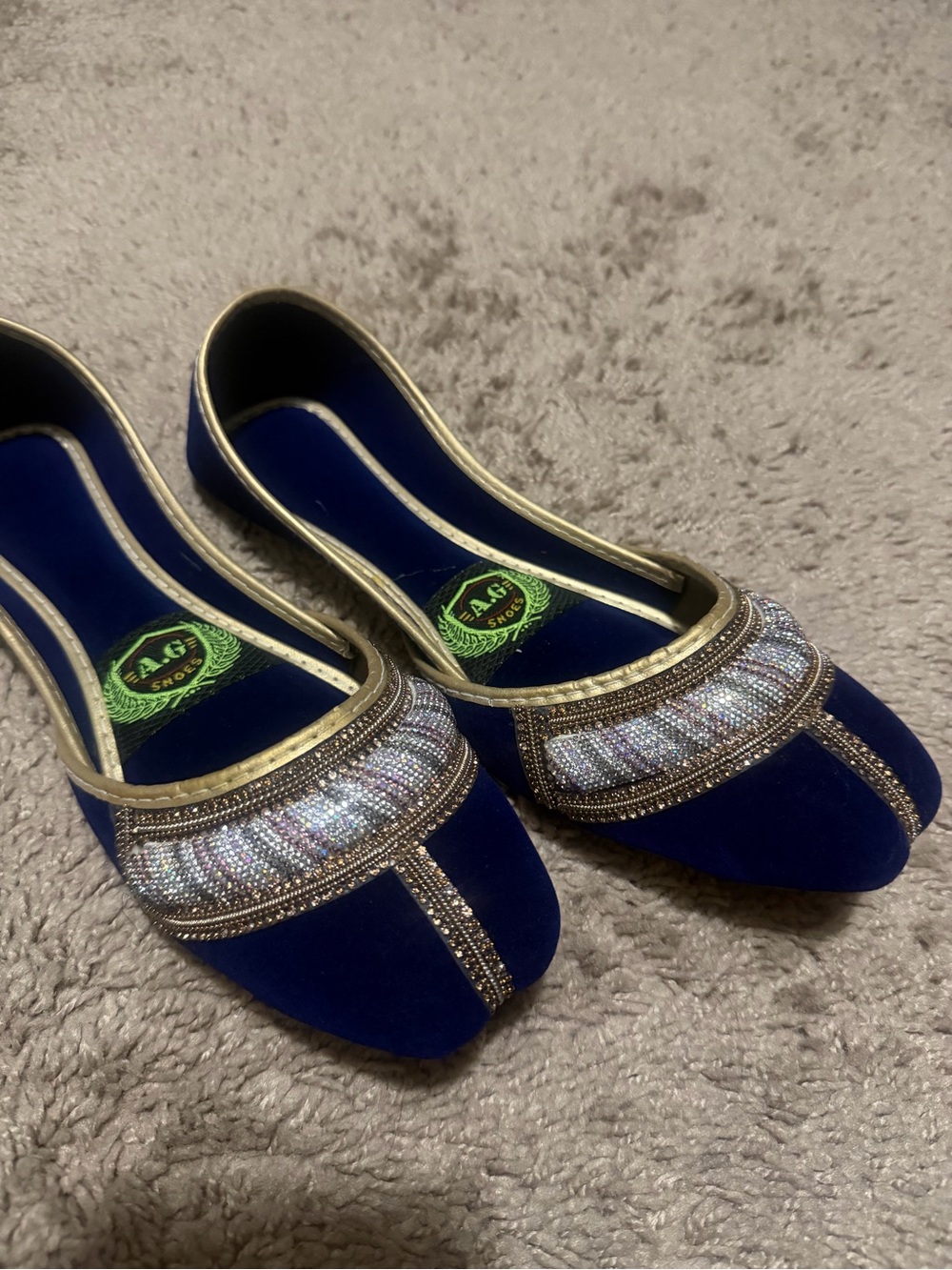 Embellished Royal Blue Velvet Slip-On Flats with Gold Trim